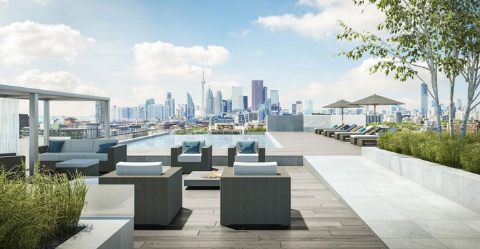 View of skyline from Riverside Square rooftop terrace pool