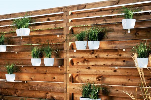 backyard fence with built-in shleves